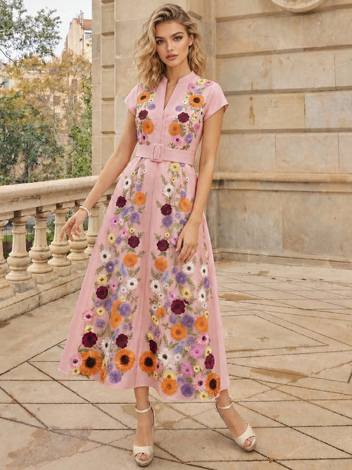 A-Line/Princess High Neck Short Sleeves Tea-Length Mother of the Bride Dresses with Belt and 3D Floral Embroidery