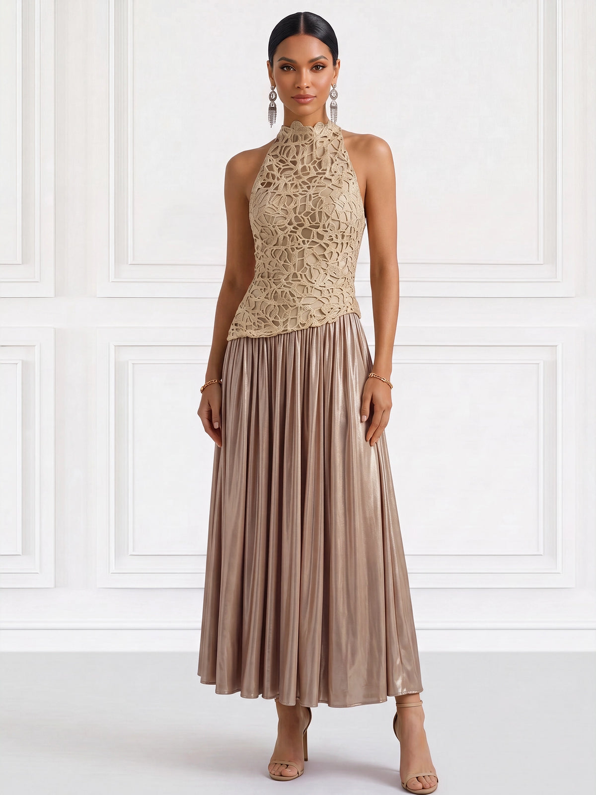 Nafori Champagne A-Line Cocktail Dress Lace Satin Ankle-Length Sleeveless Halter Pleated Zipper With Pockets Elegant Floral Dresses 2026