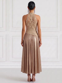 A-Line Cocktail Dress Lace Satin Ankle-Length Sleeveless Halter Pleated Zipper With Pockets Elegant Floral Dresses