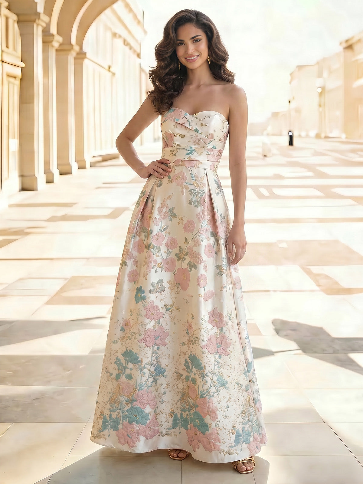 A-Line/Princess Evening Dresses Elegant Formal Dresses Printed Satin Strapless Sweetheart Sleeveless Floor-Length Ruched Zipper Floral Dresses