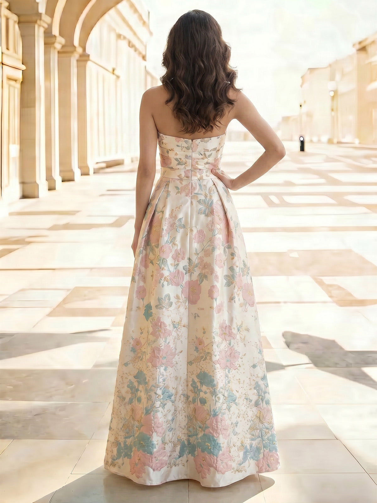A-Line/Princess Evening Dresses Elegant Formal Dresses Printed Satin Strapless Sweetheart Sleeveless Floor-Length Ruched Zipper Floral Dresses