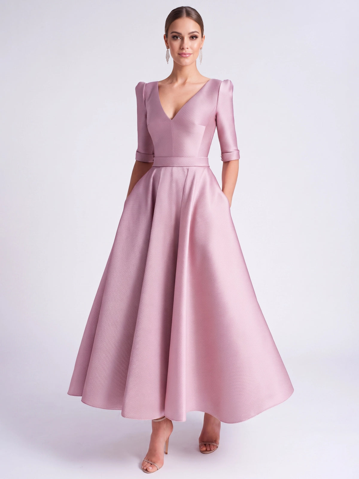A-Line Cocktail Dress Satin Party Dress Long Sleeves V Neck Formal Elegant Dress Ankle Length Wedding Guest Dress With Pocket