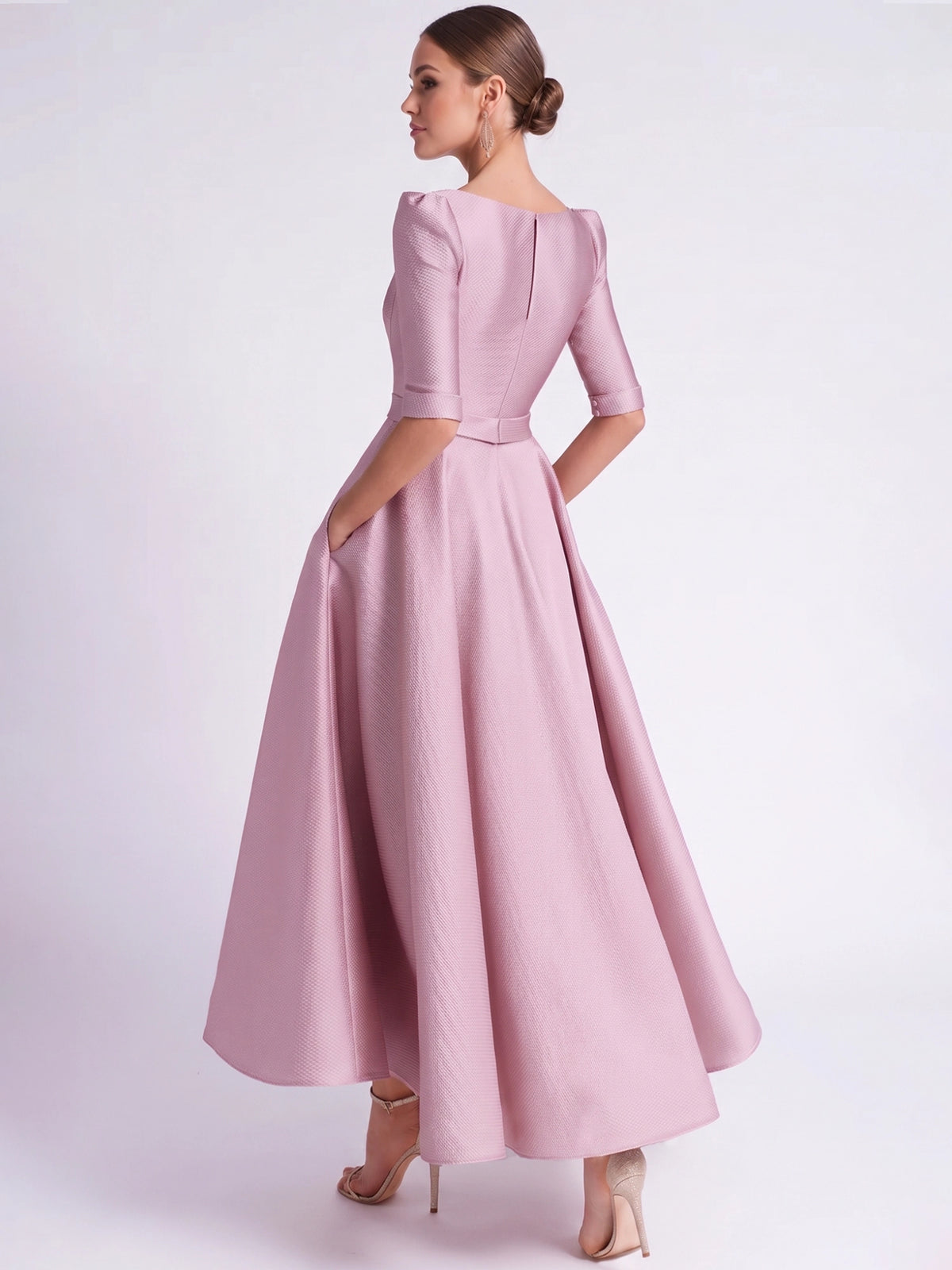 A-Line Cocktail Dress Satin Party Dress Long Sleeves V Neck Formal Elegant Dress Ankle Length Wedding Guest Dress With Pocket