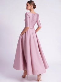A-Line Cocktail Dress Satin Party Dress Long Sleeves V Neck Formal Elegant Dress Ankle Length Wedding Guest Dress With Pocket
