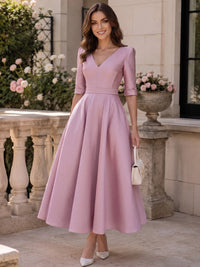 A-Line Cocktail Dress Satin Party Dress Long Sleeves V Neck Formal Elegant Dress Ankle Length Wedding Guest Dress With Pocket