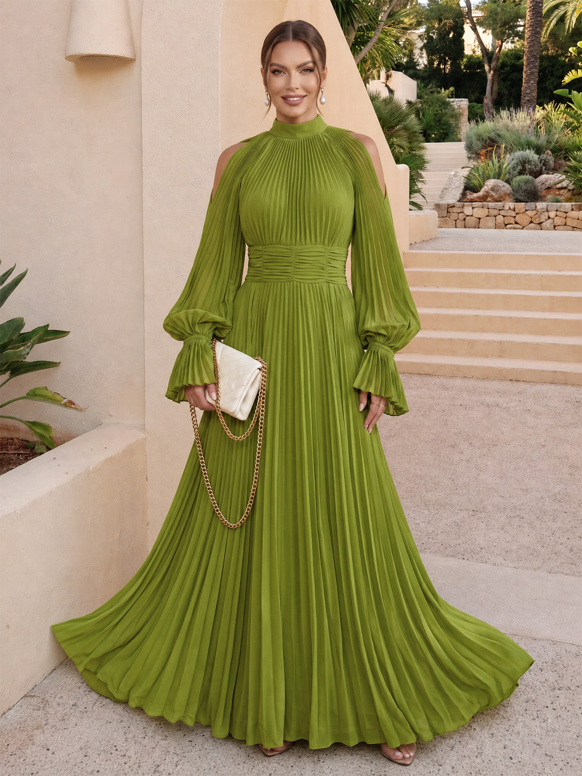 A-Line Formal Dresses Chiffon High Neck Long Sleeves Floor-Length Pleated Covered Button Green Wedding Guest Dresses