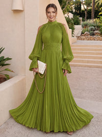 A-Line Formal Dresses Chiffon High Neck Long Sleeves Floor-Length Pleated Covered Button Green Wedding Guest Dresses