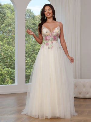 A-Line/Princess Tulle Prom Dress Formal Long Dresses Sleeveless Floor-length With Floral Appliques