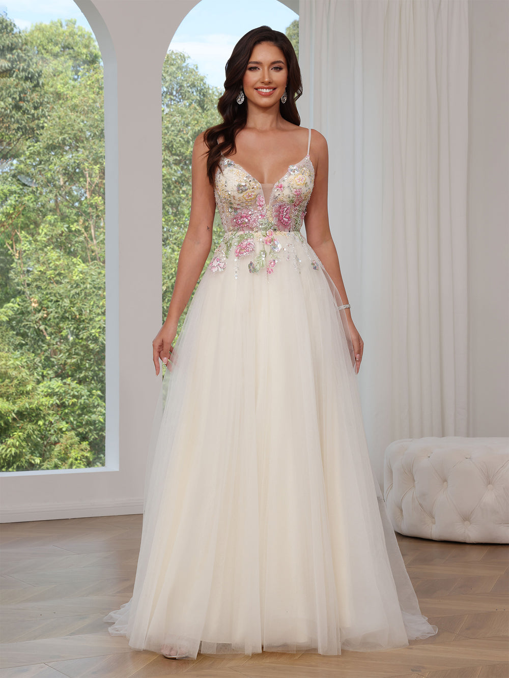 A-Line/Princess Tulle Prom Dress Formal Long Dresses Sleeveless Floor-length With Floral Appliques