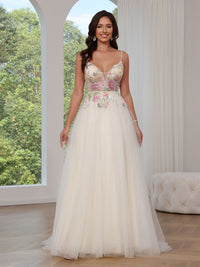 A-Line/Princess Tulle Prom Dress Formal Long Dresses Sleeveless Floor-length With Floral Appliques