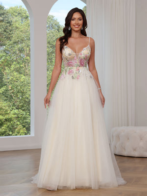 A-Line/Princess Tulle Prom Dress Formal Long Dresses Sleeveless Floor-length With Floral Appliques