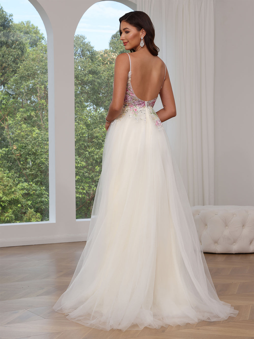 A-Line/Princess Tulle Prom Dress Formal Long Dresses Sleeveless Floor-length With Floral Appliques