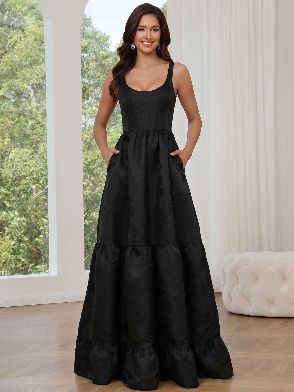A-Line Formal Prom Dresses Satin Floor Length Sleeveless Scoop Neckline Black Floral Corset Prom Dress with Pockets