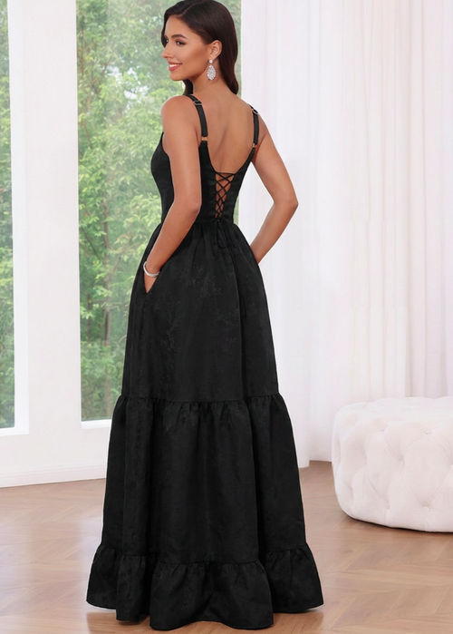 A-Line Formal Prom Dresses Satin Floor Length Sleeveless Scoop Neckline Black Floral Corset Prom Dress with Pockets