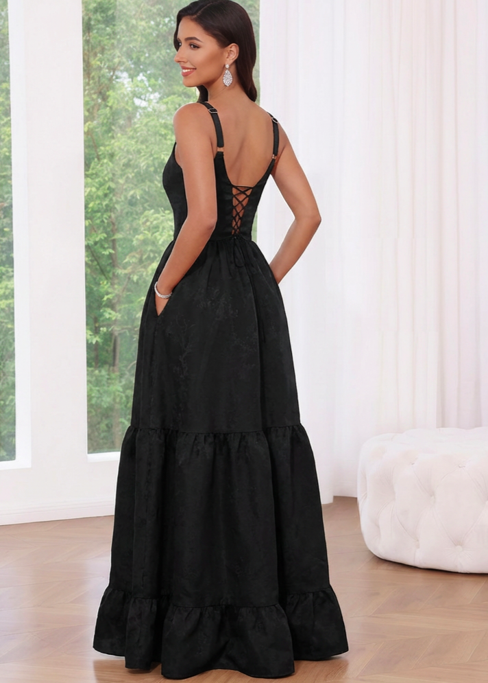 A-Line Formal Prom Dresses Satin Floor Length Sleeveless Scoop Neckline Black Floral Corset Prom Dress with Pockets