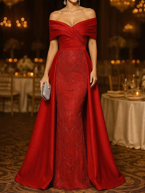 Mermaid / Trumpet Evening Gown Elegant Formal Dress Floor Length Sleeveless Off The Shoulder Sequined with Overskirt