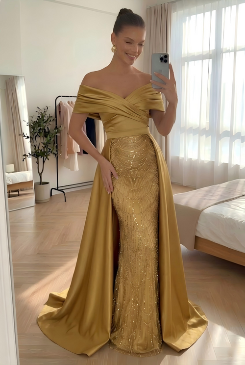 Mermaid / Trumpet Evening Gown Elegant Formal Dress Floor Length Sleeveless Off The Shoulder Sequined with Overskirt