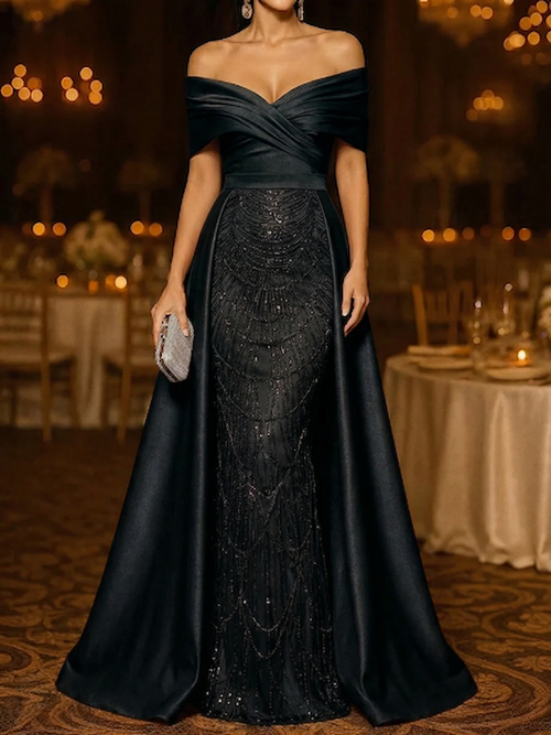 Mermaid / Trumpet Evening Gown Elegant Formal Dress Floor Length Sleeveless Off The Shoulder Sequined with Overskirt