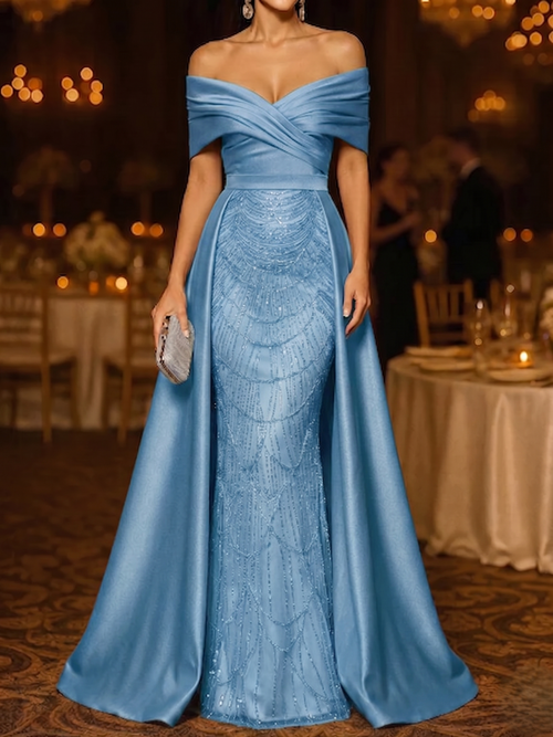 Mermaid / Trumpet Evening Gown Elegant Formal Dress Floor Length Sleeveless Off The Shoulder Sequined with Overskirt