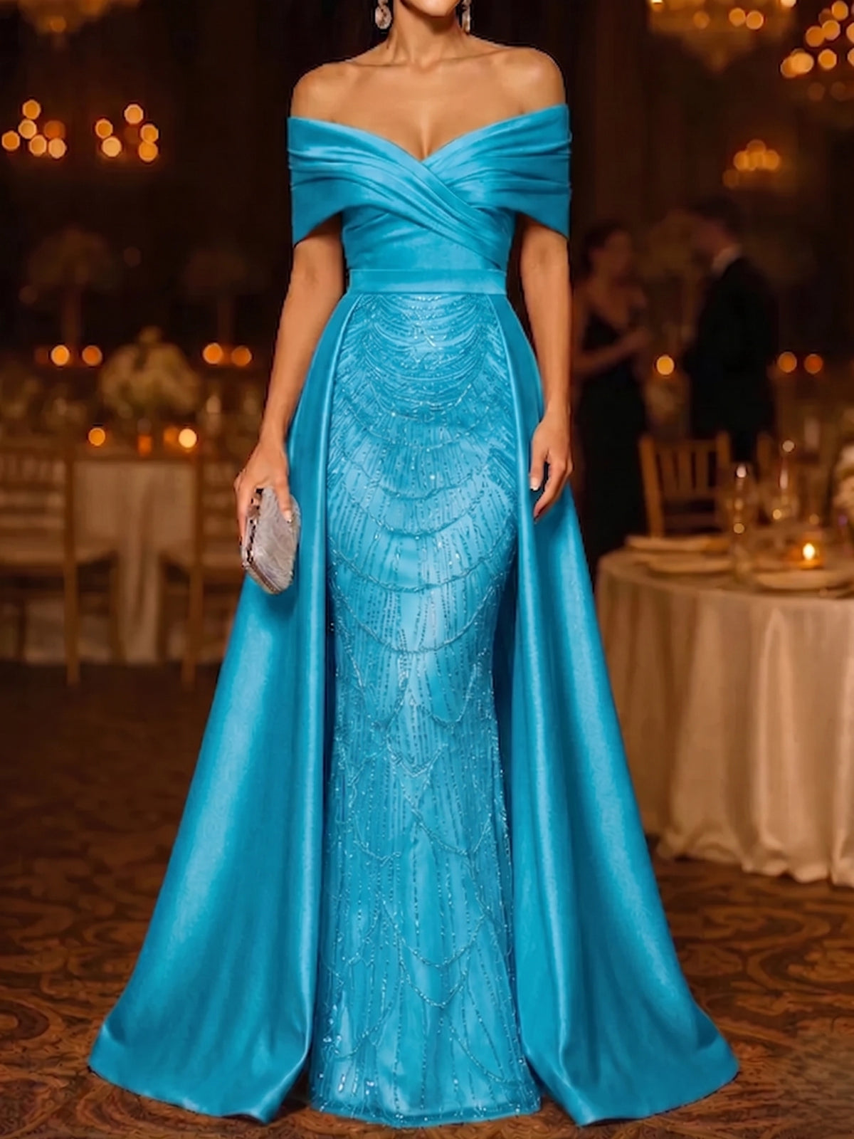 Nafori Blue Mermaid / Trumpet Evening Gown Elegant Formal Dress Floor Length Sleeveless Off The Shoulder Sequined with Overskirt 2026