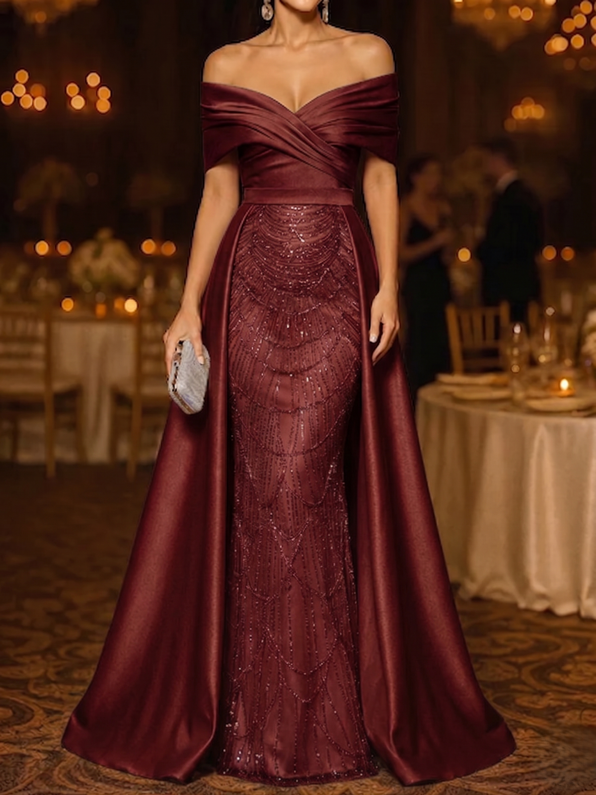 Nafori Burdungy Mermaid / Trumpet Evening Gown Elegant Formal Dress Floor Length Sleeveless Off The Shoulder Sequined with Overskirt 2026