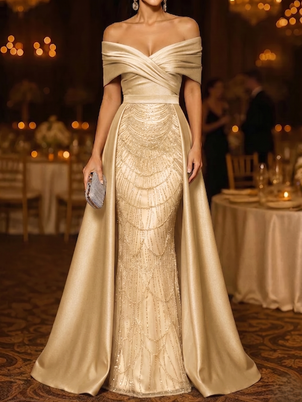 Mermaid / Trumpet Evening Gown Elegant Formal Dress Floor Length Sleeveless Off The Shoulder Sequined with Overskirt