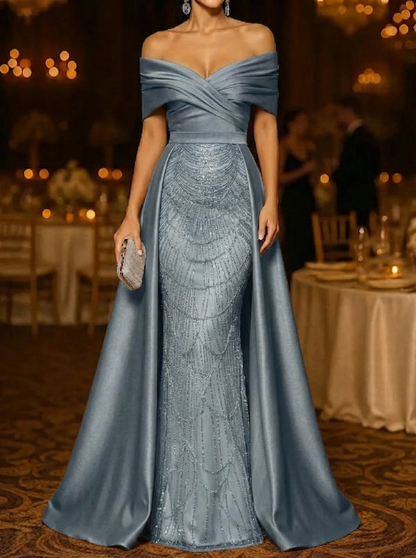 Mermaid / Trumpet Evening Gown Elegant Formal Dress Floor Length Sleeveless Off The Shoulder Sequined with Overskirt