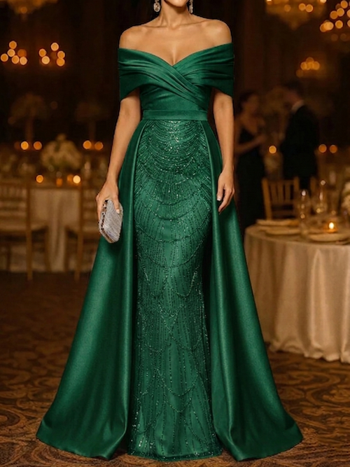 Mermaid / Trumpet Evening Gown Elegant Formal Dress Floor Length Sleeveless Off The Shoulder Sequined with Overskirt
