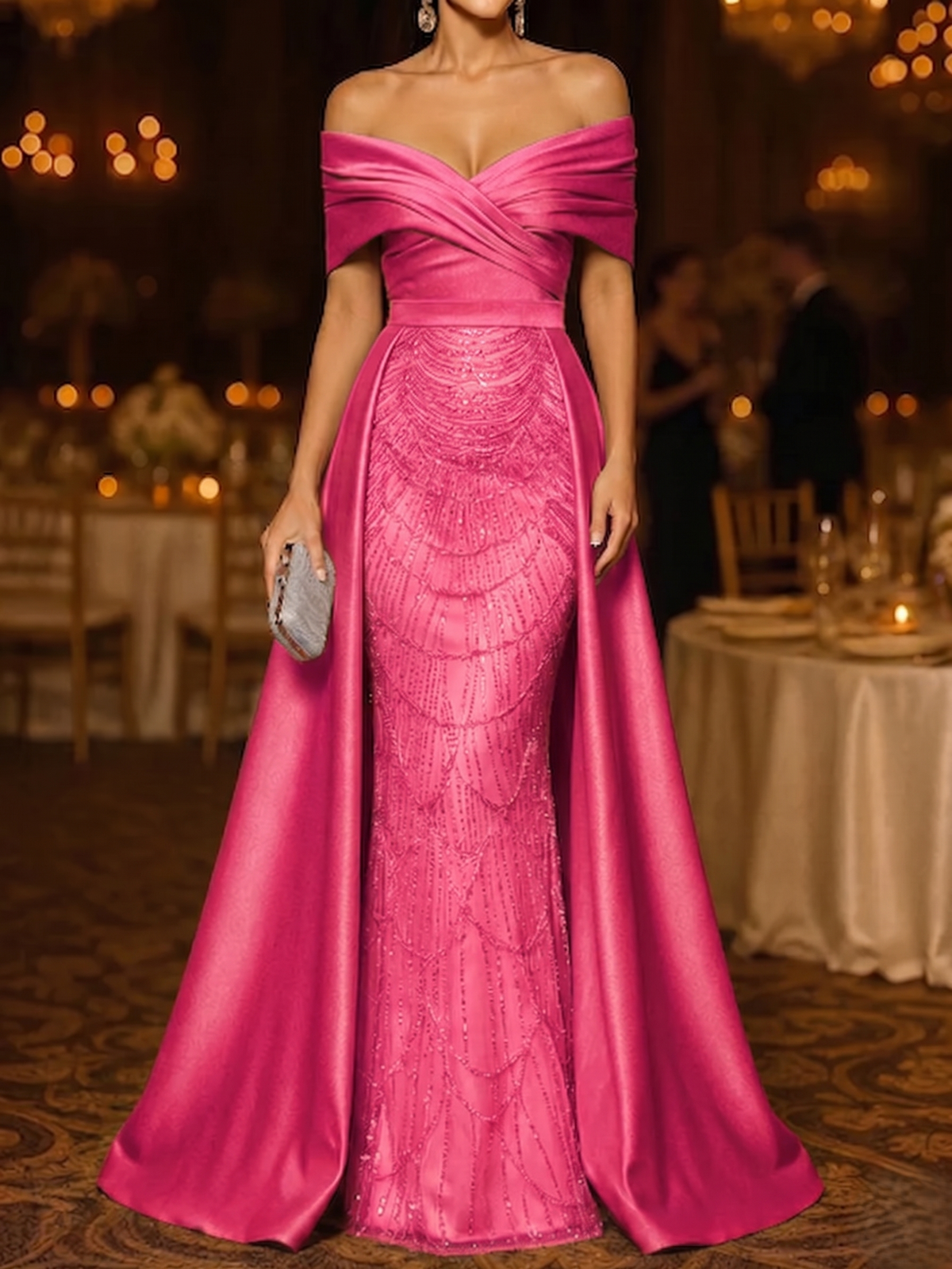 Nafori Fuchsia Mermaid / Trumpet Evening Gown Elegant Formal Dress Floor Length Sleeveless Off The Shoulder Sequined with Overskirt 2026
