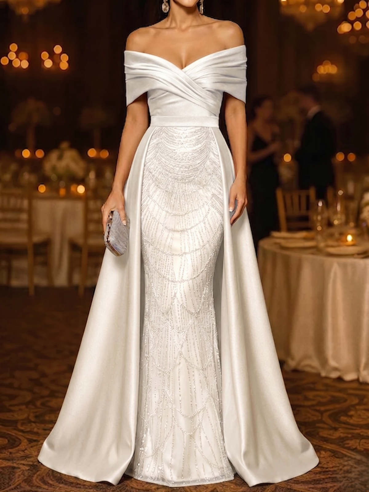 Nafori Silver Mermaid / Trumpet Evening Gown Elegant Formal Dress Floor Length Sleeveless Off The Shoulder Sequined with Overskirt 2026