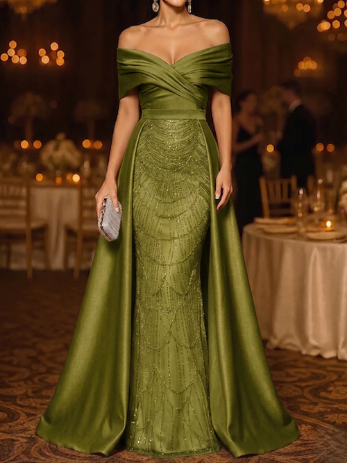 Mermaid / Trumpet Evening Gown Elegant Formal Dress Floor Length Sleeveless Off The Shoulder Sequined with Overskirt