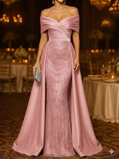 Mermaid / Trumpet Evening Gown Elegant Formal Dress Floor Length Sleeveless Off The Shoulder Sequined with Overskirt