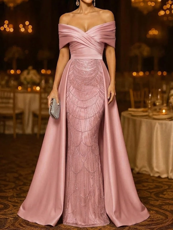 Mermaid / Trumpet Evening Gown Elegant Formal Dress Floor Length Sleeveless Off The Shoulder Sequined with Overskirt