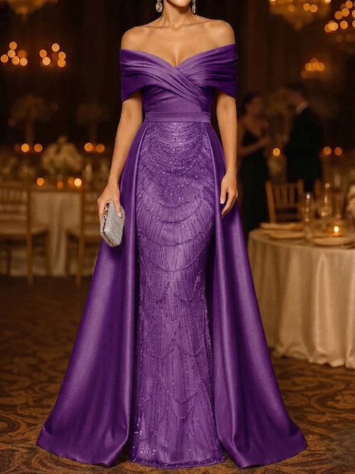 Mermaid / Trumpet Evening Gown Elegant Formal Dress Floor Length Sleeveless Off The Shoulder Sequined with Overskirt