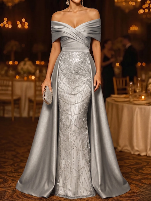 Mermaid / Trumpet Evening Gown Elegant Formal Dress Floor Length Sleeveless Off The Shoulder Sequined with Overskirt