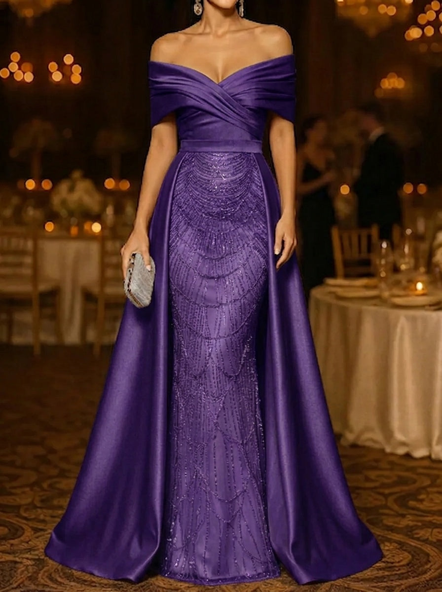 鱼尾/喇叭形晚礼服 优雅正装连衣裙 拖地无袖露肩亮片带罩裙