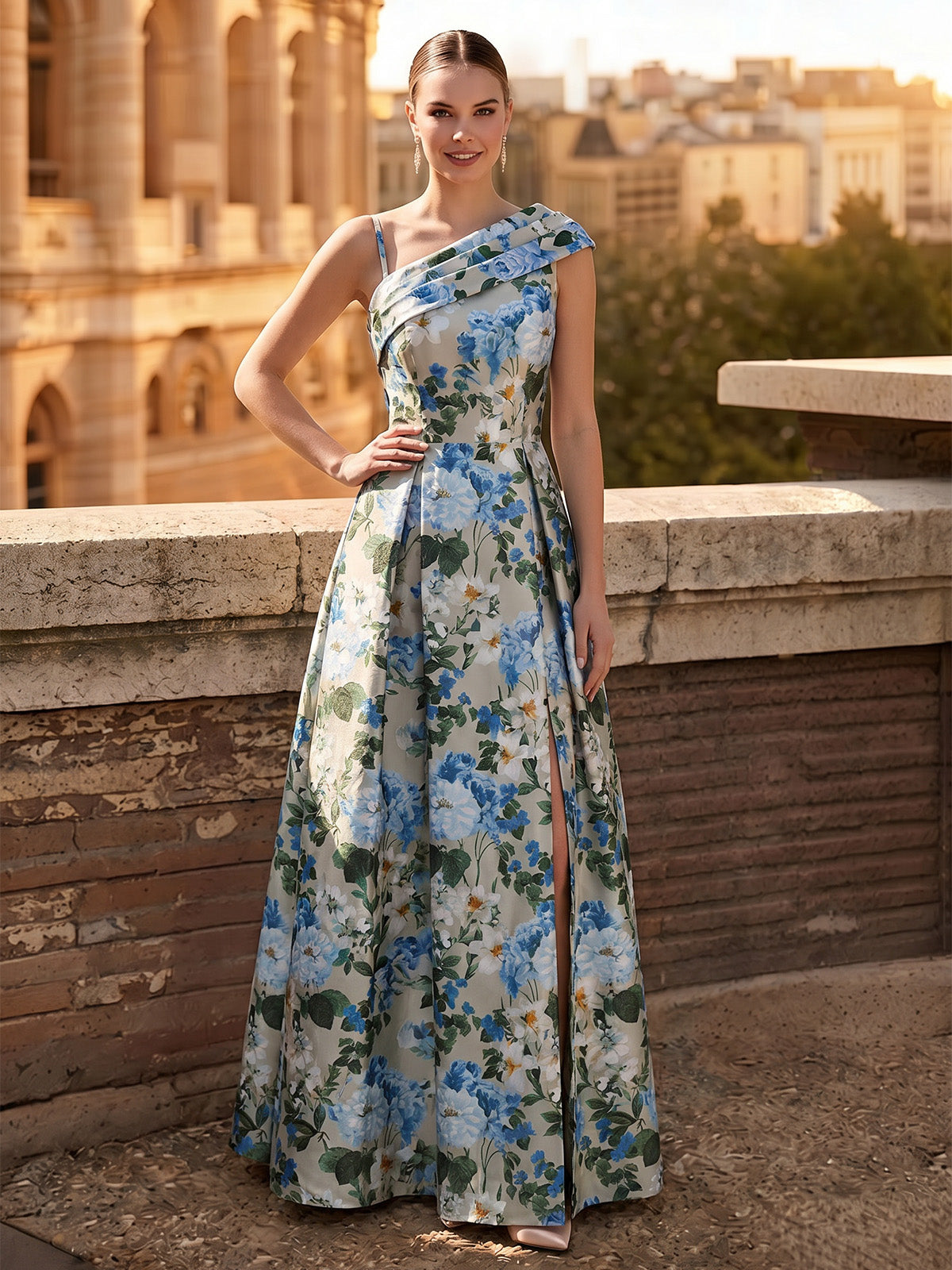 A-Line/Princess Evening Dresses Elegant Formal Dresses Printed Satin One-Shoulder With Spaghetti Strap Short Sleeve Floor-Length Side Slit Zipper Floral Dresses