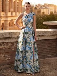 A-Line/Princess Evening Dresses Elegant Formal Dresses Printed Satin One-Shoulder With Spaghetti Strap Short Sleeve Floor-Length Side Slit Zipper Floral Dresses