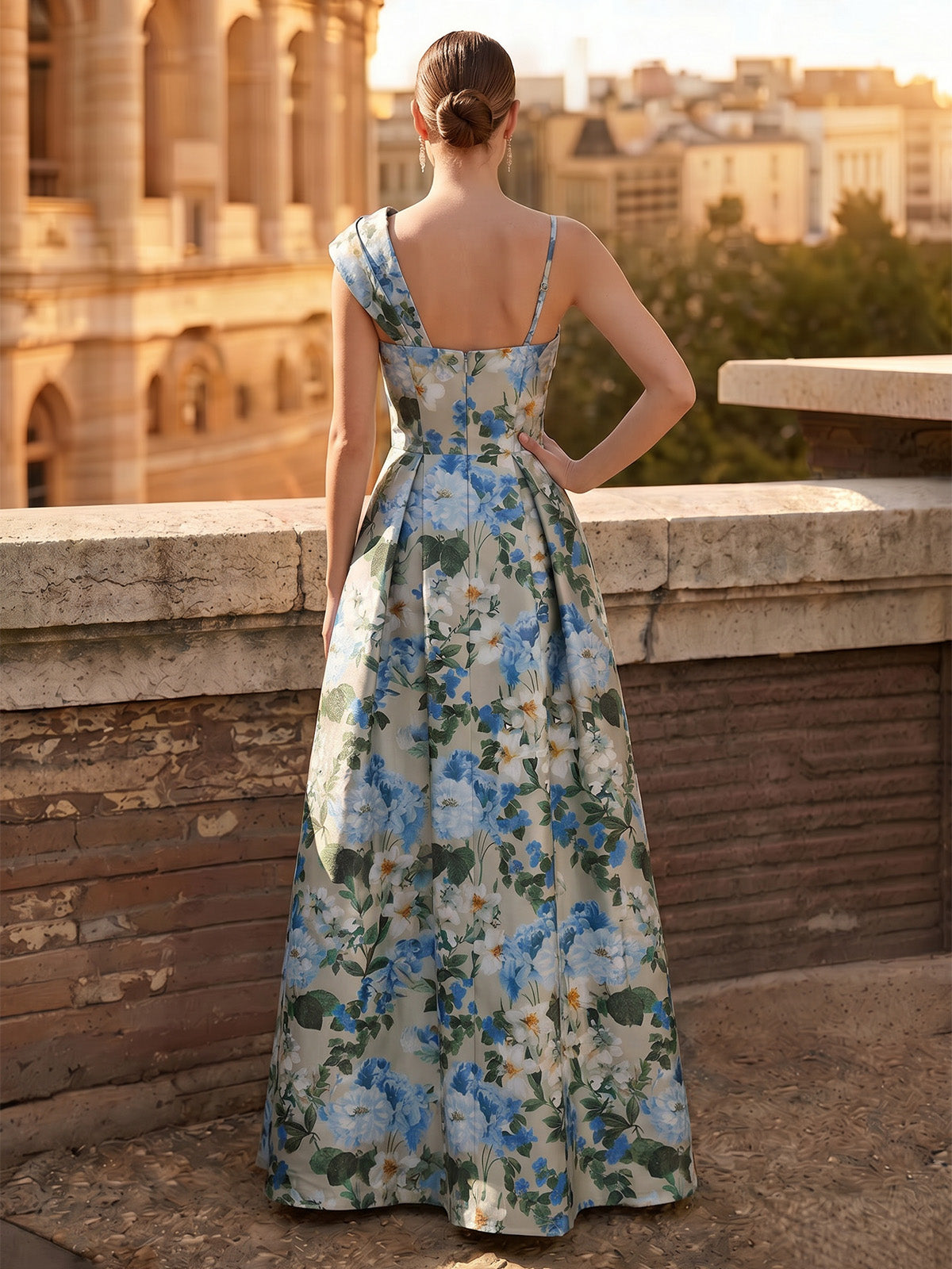 A-Line/Princess Evening Dresses Elegant Formal Dresses Printed Satin One-Shoulder With Spaghetti Strap Short Sleeve Floor-Length Side Slit Zipper Floral Dresses