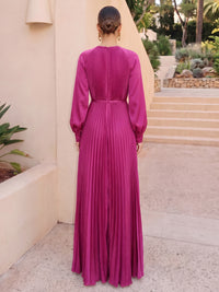 A-Line Formal Dresses Chiffon Boat Neck Long Sleeves Floor-Length Pleated Side Slit Zipper Wedding Guest Dresses