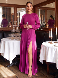 A-Line Formal Dresses Chiffon Boat Neck Long Sleeves Floor-Length Pleated Side Slit Zipper Wedding Guest Dresses