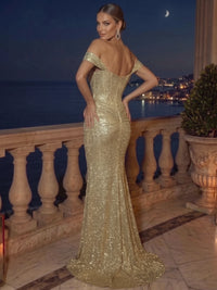 Sheath/Column Evening Dresses Sequins Gold Off The Shoulder Runched Formal Wedding Floor Length Sleeveless Sparkly Dress With High Slit