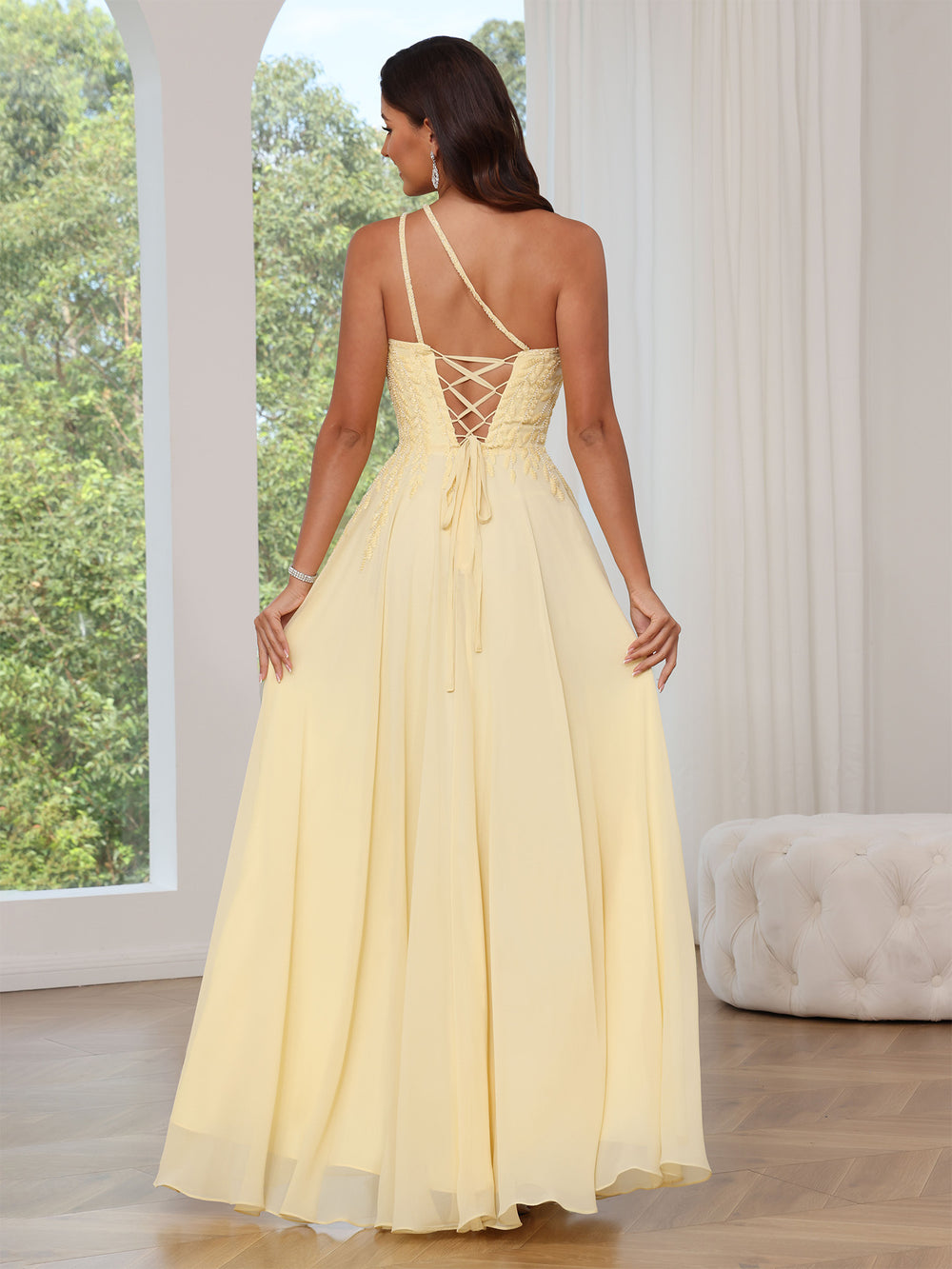 A-Line/Princess Long Prom Dresses Sleeveless Floor-length Side Spaghetti Strap Chiffon Floral Printed Dress With Back Lace Up