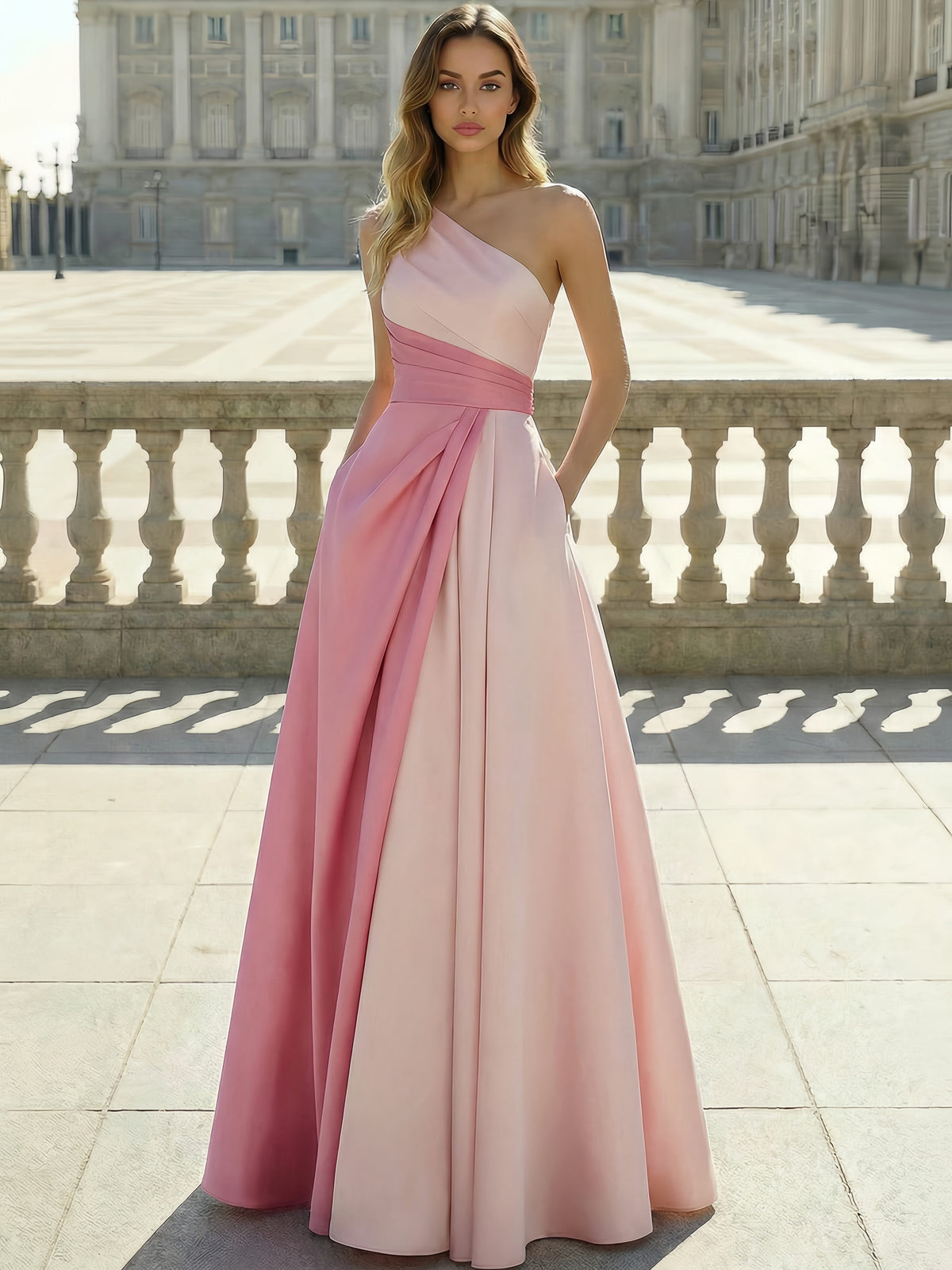 A-Line Evening Dresses Satin Floor Length One Shoulder Colorblock Formal Gown with Ruched