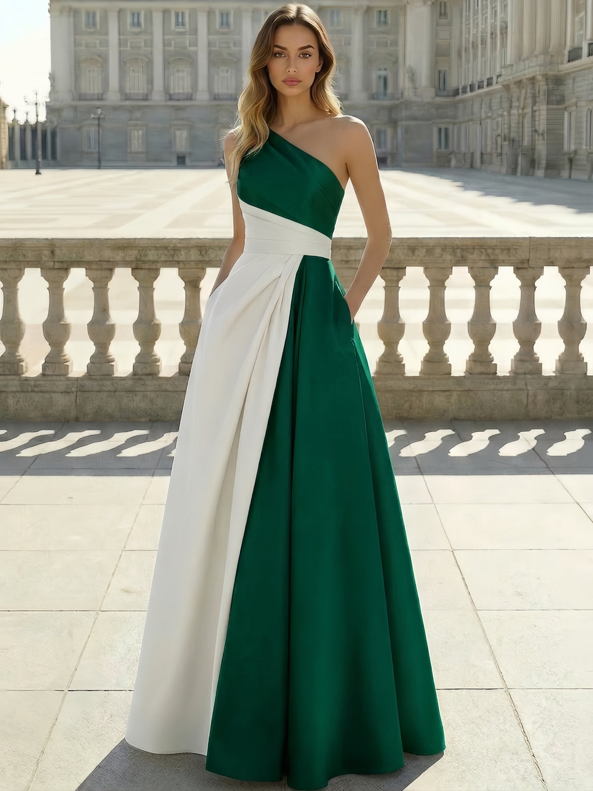 A-Line Evening Dresses Satin Floor Length One Shoulder Colorblock Formal Gown with Ruched