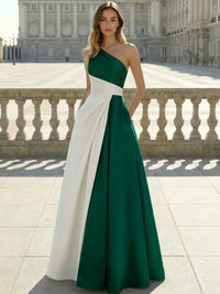 A-Line Evening Dresses Satin Floor Length One Shoulder Colorblock Formal Gown with Ruched