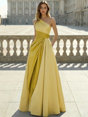 A-Line Evening Dresses Satin Floor Length One Shoulder Colorblock Formal Gown with Ruched