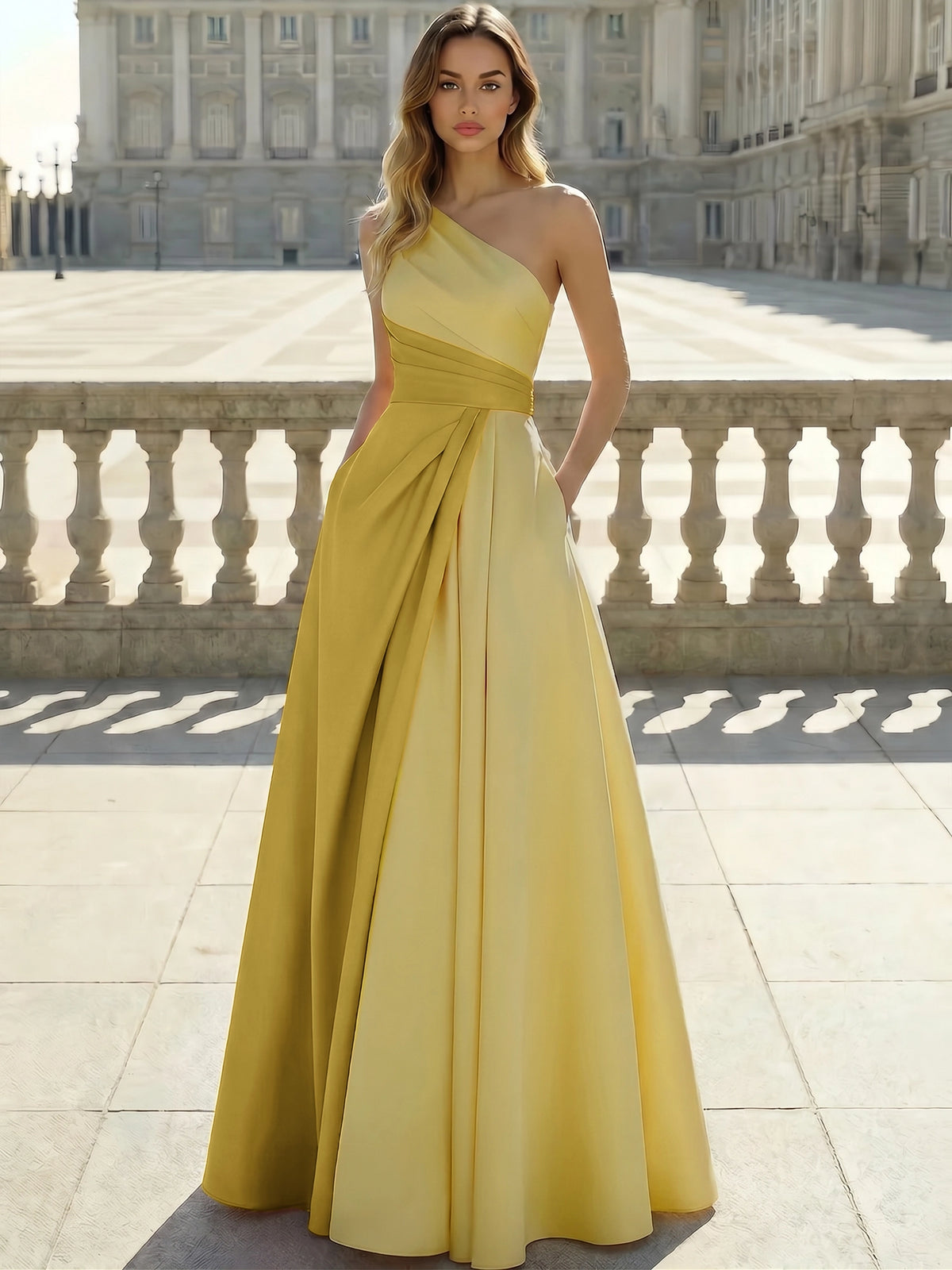 A-Line Evening Dresses Satin Floor Length One Shoulder Colorblock Formal Gown with Ruched