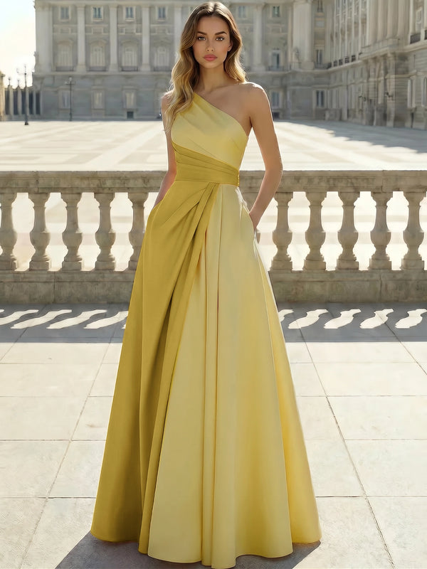 A-Line Evening Dresses Satin Floor Length One Shoulder Colorblock Formal Gown with Ruched