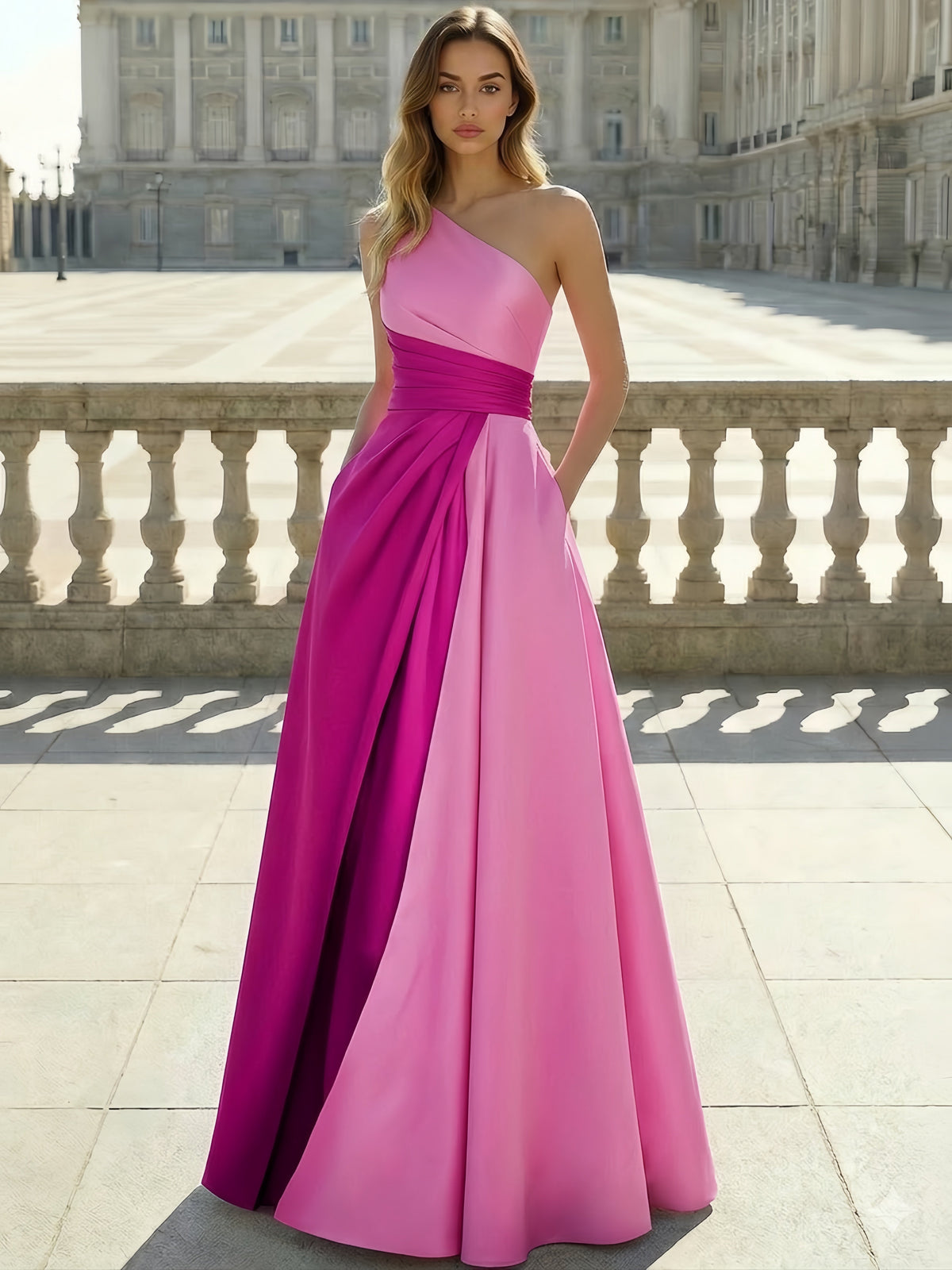 A-Line Evening Dresses Satin Floor Length One Shoulder Colorblock Formal Gown with Ruched
